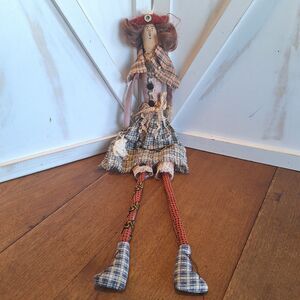 VTG Crazy Mountain Imports Folk Art Cloth Doll 21” Female Red Hat Plaid Shoes